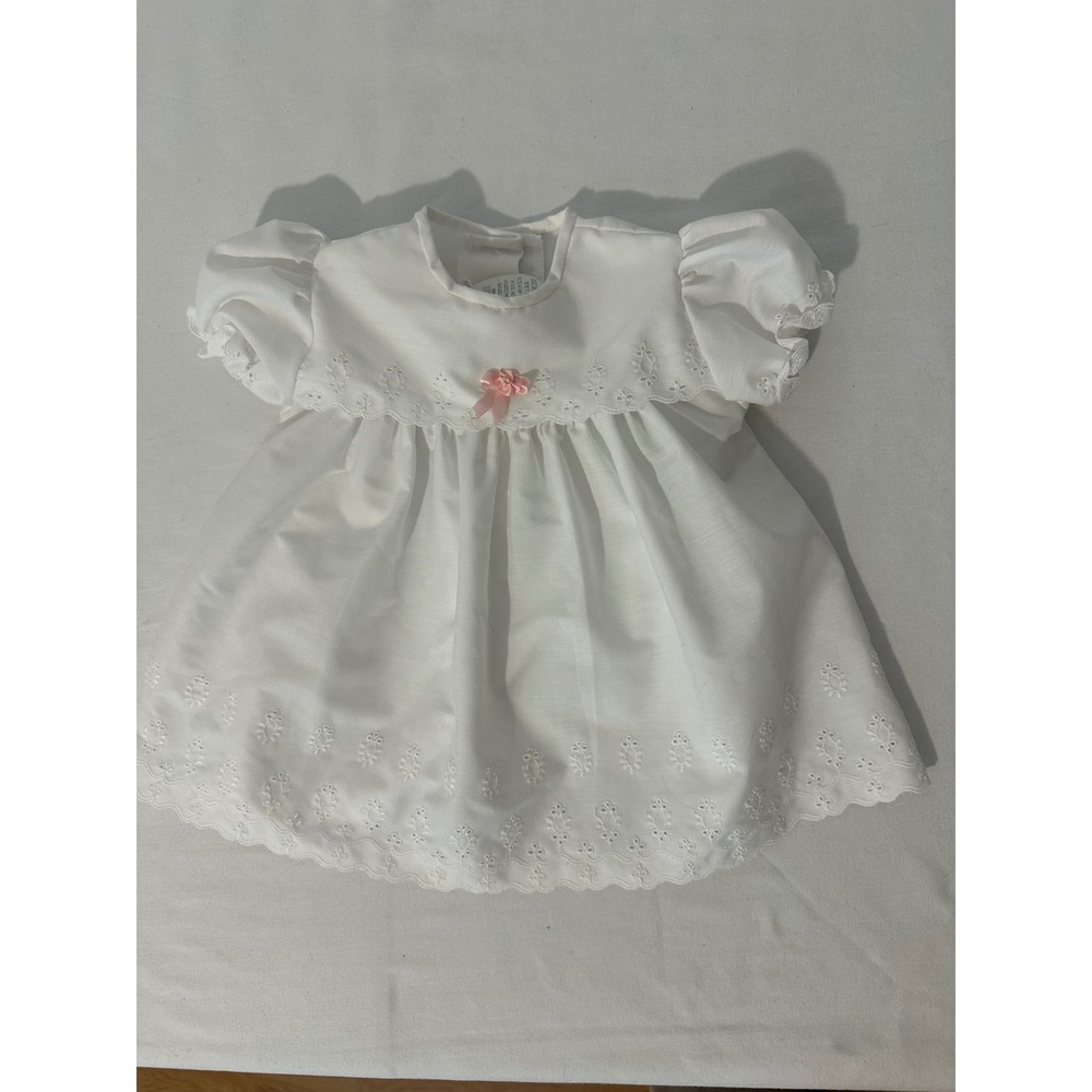 Alexis Vintage White Eyelet Lace Baby Dress Pink Rosette 6 Months Made in USA